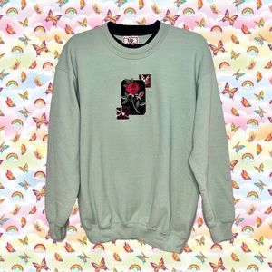 Vintage Y2K 90’s TopStitch Crewneck Rose Sweater Velvet accents Women’s Medium